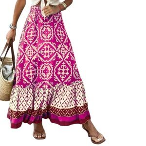 NEW Pink Boho Geometric Elastic Waist Maxi Skirt Cottagecore Prairie Flowy Gypsy